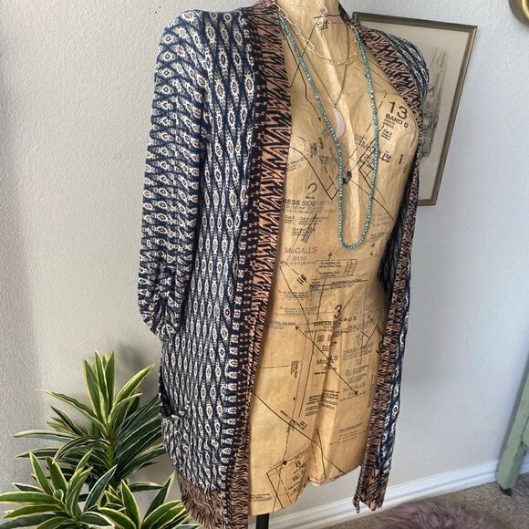 Olive Tree Boho Blue Tan Open Front Duster Cardigan sz M - Picture 4 of 7